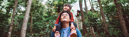 Man with child on shoulders exploring forest